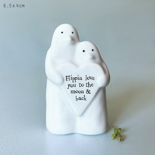 Porcelain Penguin Couple- Large Matchbox Gift - Flippin love you to the moon & back