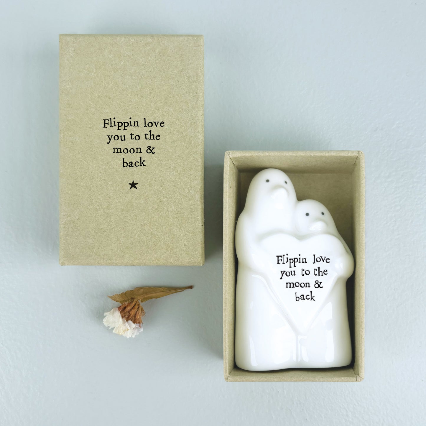 Porcelain Penguin Couple- Large Matchbox Gift - Flippin love you to the moon & back