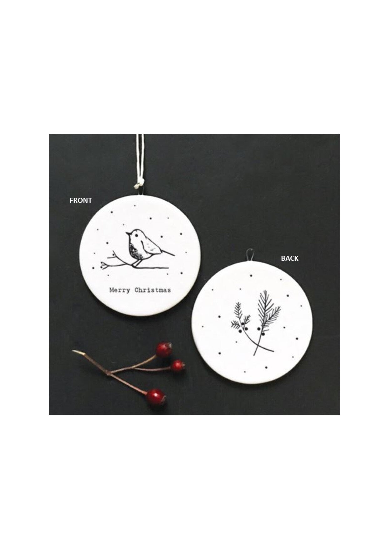 Merry Christmas, Robin, Flat Porcelain Christmas Bauble Tree Decoration