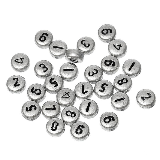 100Pcs Silver Tone acrylic number beads 7mm random mix