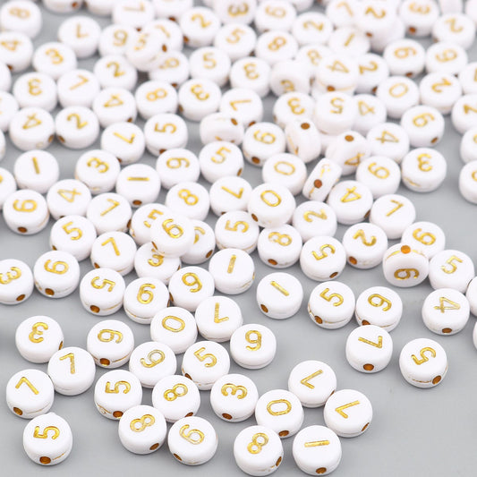 100Pcs White with Gold numbers - Number beads 7mm