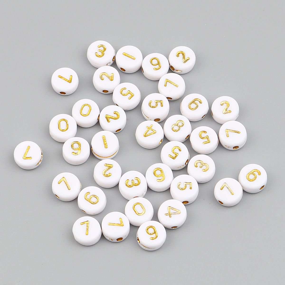 100Pcs White with Gold numbers - Number beads 7mm