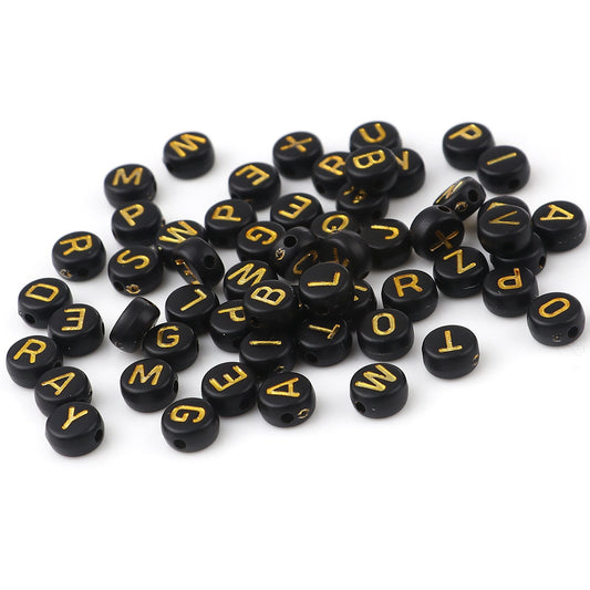 100Pcs  Black & Gold Letter beads 7mm