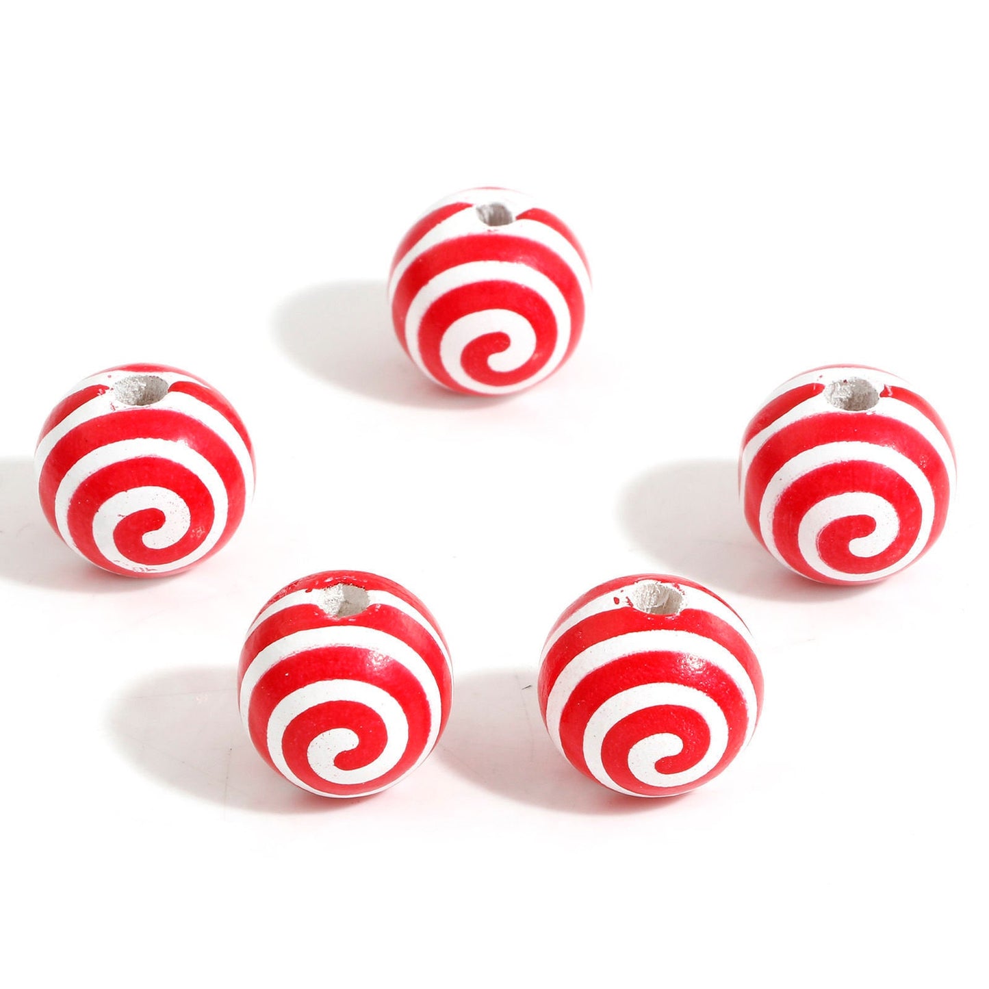 10pcs Wooden Printed Red Spiral Christmas Beads 16mm