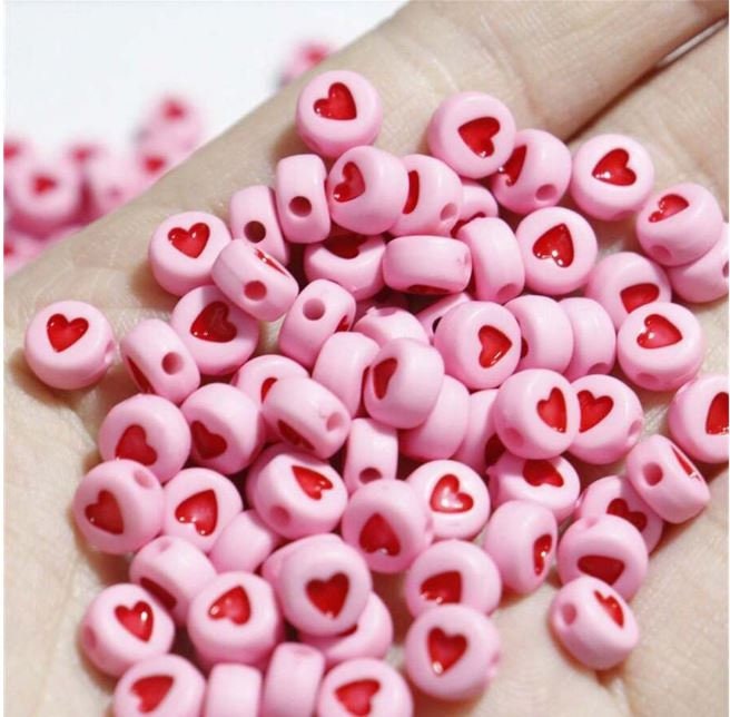 100Pcs  Pink and red round heart beads