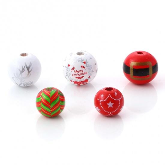 10pcs Wooden Printed Silver & Red Message " Merry Christmas " Christmas Beads 18mm