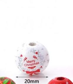 10pcs Wooden Printed Silver & Red Message " Merry Christmas " Christmas Beads 18mm