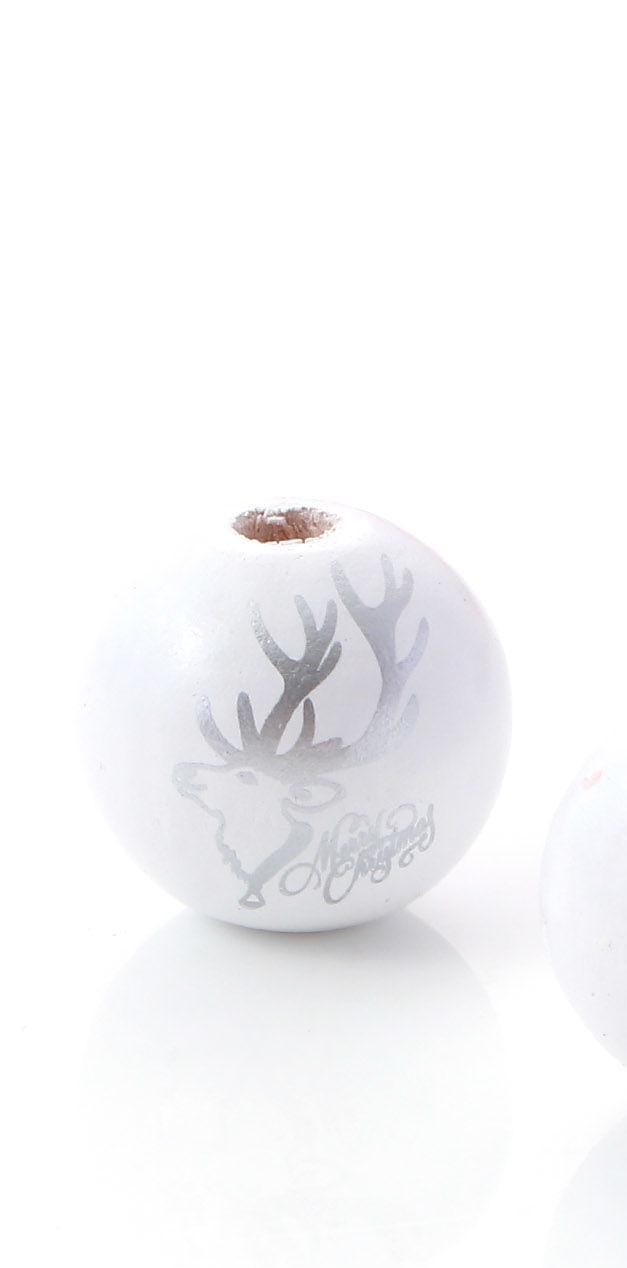 10pcs Wooden Printed Round White, Silver Reindeer  Message " Merry Christmas " Christmas Beads 20mm