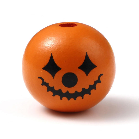 5pcs - 25mm Halloween Colourful Printed Wooden Beads, pumpkin, Jack-o-Lantern