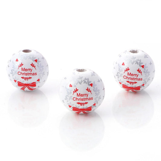 10pcs Wooden Printed Silver & Red Message " Merry Christmas " Christmas Beads 18mm