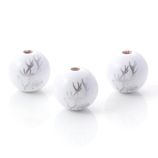 10pcs Wooden Printed Round White, Silver Reindeer  Message " Merry Christmas " Christmas Beads 20mm